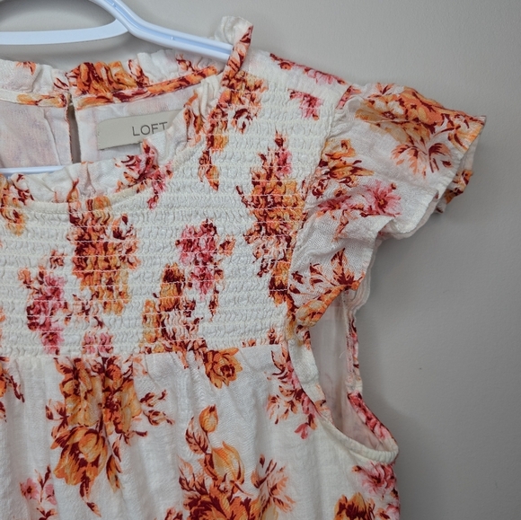 Loft Women Size S White Orange Floral Smock Ruffle Flowy Lined Dress - Picture 4 of 12